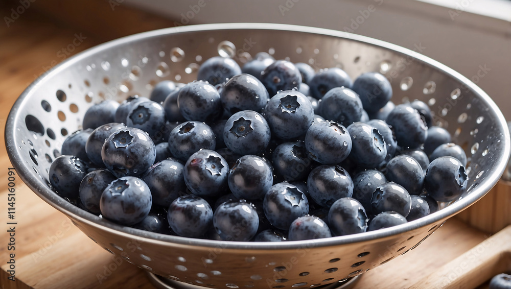 Fresh Blueberries in Colander with Water Droplets Fresh Blueberries in Colander with Water Droplets
