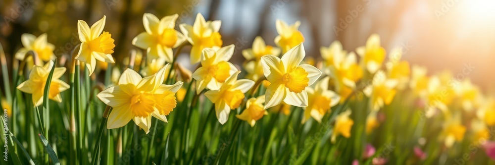 Vibrant yellow daffodil flowers swaying in a sunlit field, sunshine, floral, outdoors Vibrant yellow daffodil flowers swaying in a sunlit field, sunshine, floral, outdoors