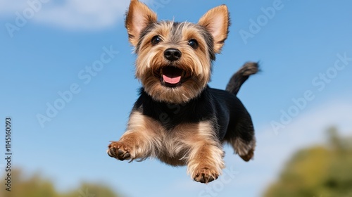 A joyful Jack Russell terrier leaps against a clear blue sky, embodying freedom and playfulness. photo