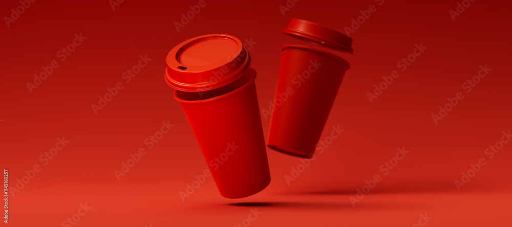 Two Minimalist Red Blank Paper Coffee Cup with open lid floating above red background. Takeaway paper coffee cup fly, 3d render illustration Two Minimalist Red Blank Paper Coffee Cup with open lid floating above red background. Takeaway paper coffee cup fly, 3d render illustration