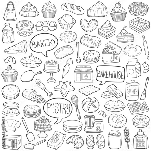 Bundle Bakery Pastry Shop Traditional Doodle Icons Sketch Hand Made Design Vector.