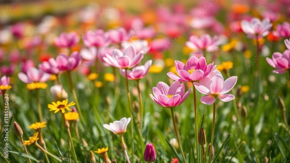 Vivid daffodil flowers blooming in a sunlit field, colorful, fresh, blossom Vivid daffodil flowers blooming in a sunlit field, colorful, fresh, blossom