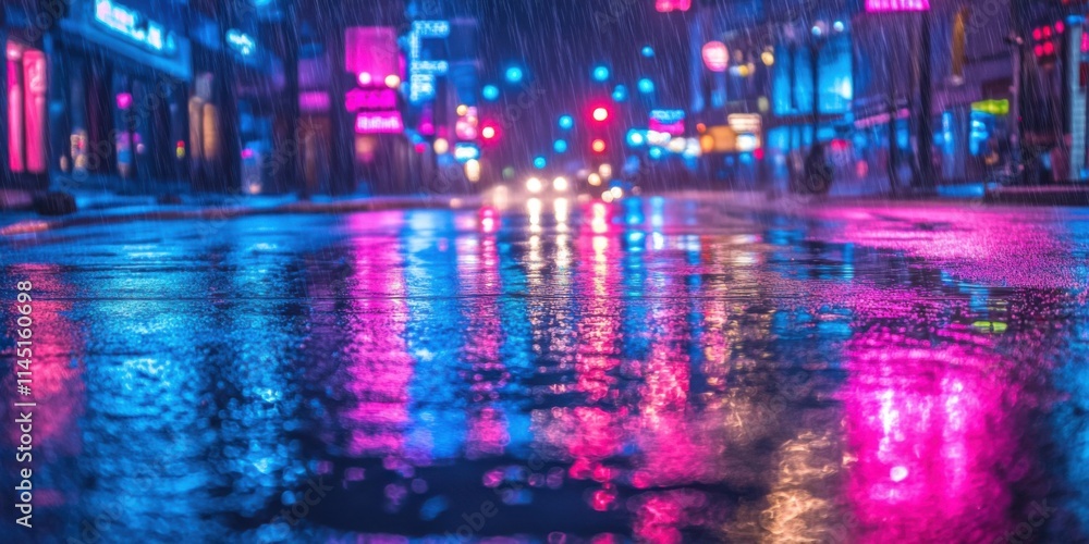Fototapeta premium Rain-drenched street in a cyberpunk metropolis, neon pink and blue lights flickering, reflecting off the wet pavement