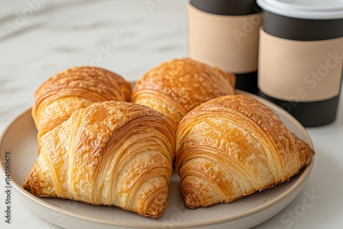 Gourmet croissants paired with coffee blend samples on text-friendly background photo