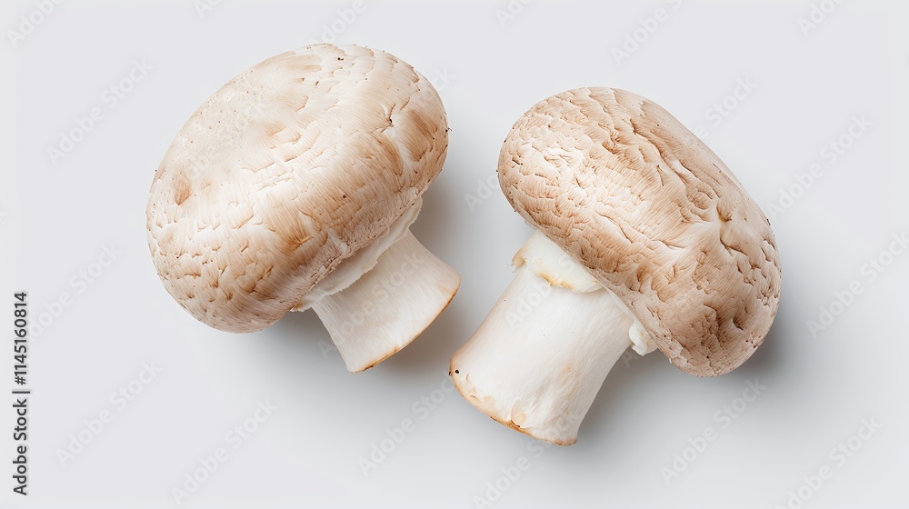 Fototapeta premium Two White Mushrooms on White Background, Food Photography, Close Up, Raw Mushrooms, Edible Fungi