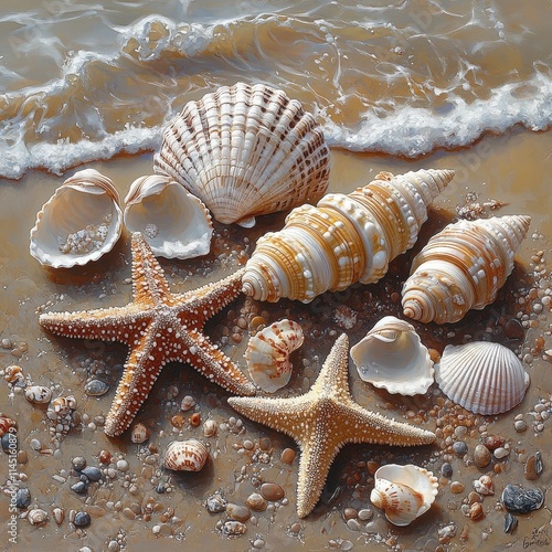 Hyper-realistic artwork of starfish and seashells scattered along a wet sandy shore with gentle waves, perfect for nature-inspired decor. AI generated. photo