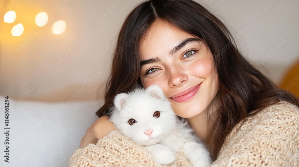 Young woman holding a fluffy white kitten indoors radiating tenderness warmth and a loving connection in a cozy and serene environment Young woman holding a fluffy white kitten indoors radiating tenderness warmth and a loving connection in a cozy and serene environment