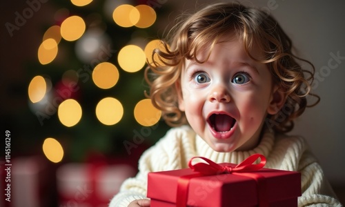 Young child surprised expression Christmas gift wide eyed wonder curly