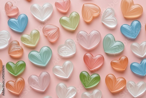 Glass Hearts in Soft Pastel Colors on Pink Background. Elegant and Artistic Design for Romantic Themes, Valentine’s Day, or Decorative Projects. AI generated