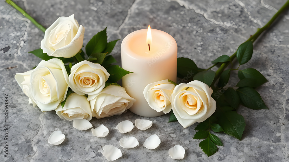 Relaxing candle and rose petals for a peaceful spa atmosphere Relaxing candle and rose petals for a peaceful spa atmosphere