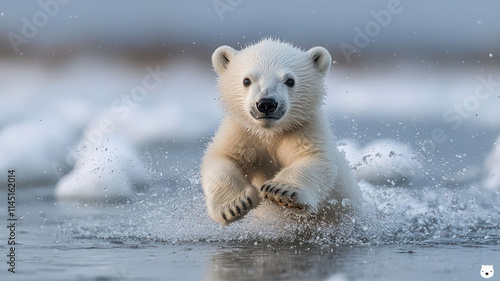A newborn polar bear cub playfully pawing at the snow under a clear Arctic sky,