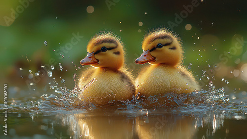 A pair of adorable ducklings splashing in a small puddle surrounded by green fields, photo