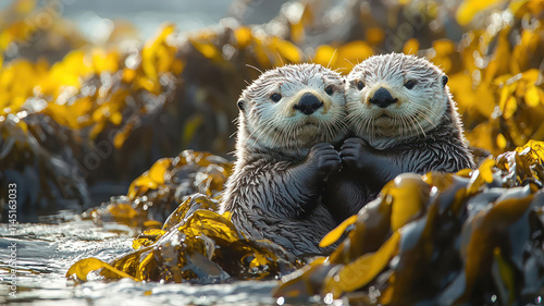 A pair of sea otters floating together on a kelp forest in the ocean, their paws intertwined as they bask in the golden sunlight. The underwater plants sway gently in the current below them.