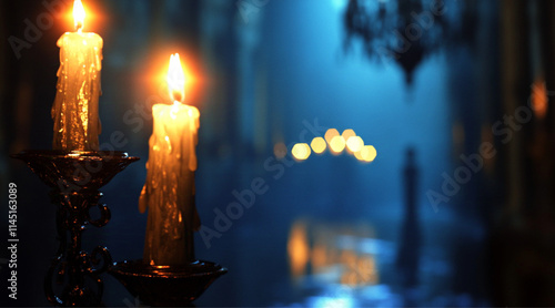 a close up on a candle light, blurr background with ironwork and grand chandeliers, bathed in soft moonlight, evoking the romanticism of Victorian-era architecture.  photo