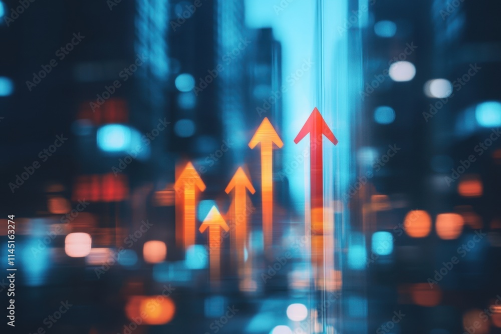 Arrows pointing upwards against a blurred city background, representing a business growth and success concept Generative AI Arrows pointing upwards against a blurred city background, representing a business growth and success concept Generative AI