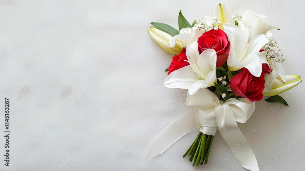 Fototapeta premium Elegant bouquet of red roses and white lilies, styled with silk ribbons for Valentine's Day fashion inspiration.