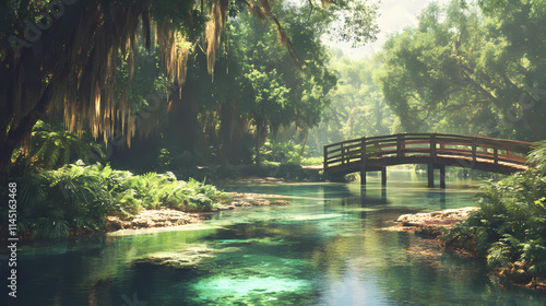 Serene idyllic oasis with crystal-clear turquoise water reflects lush greenery, surrounded by ocala national forest, featuring a rustic wooden bridge, exuding natural tranquility. Oasis. Illustration photo