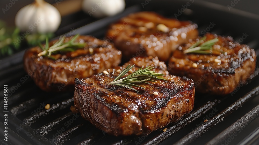 Juicy Grilled Steaks Garnished With Herbs and Garlic on a Sizzling Grill. Generative AI Juicy Grilled Steaks Garnished With Herbs and Garlic on a Sizzling Grill. Generative AI