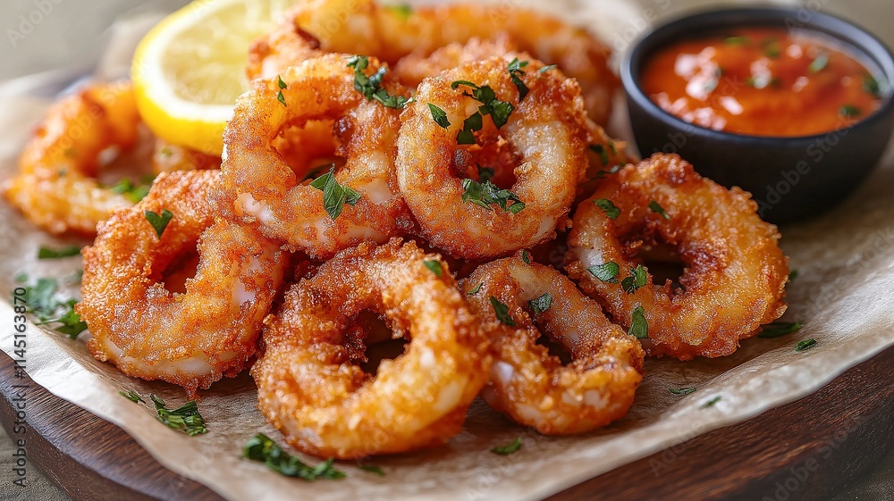 Crispy Fried Calamari Served With Marinara Sauce and Lemon Slices. Generative AI Crispy Fried Calamari Served With Marinara Sauce and Lemon Slices. Generative AI