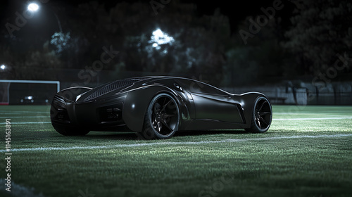 A matte graphite GoCoda sports car concept with glossy black accents perfectly positioned on the green lawn of a grunge football field. photo