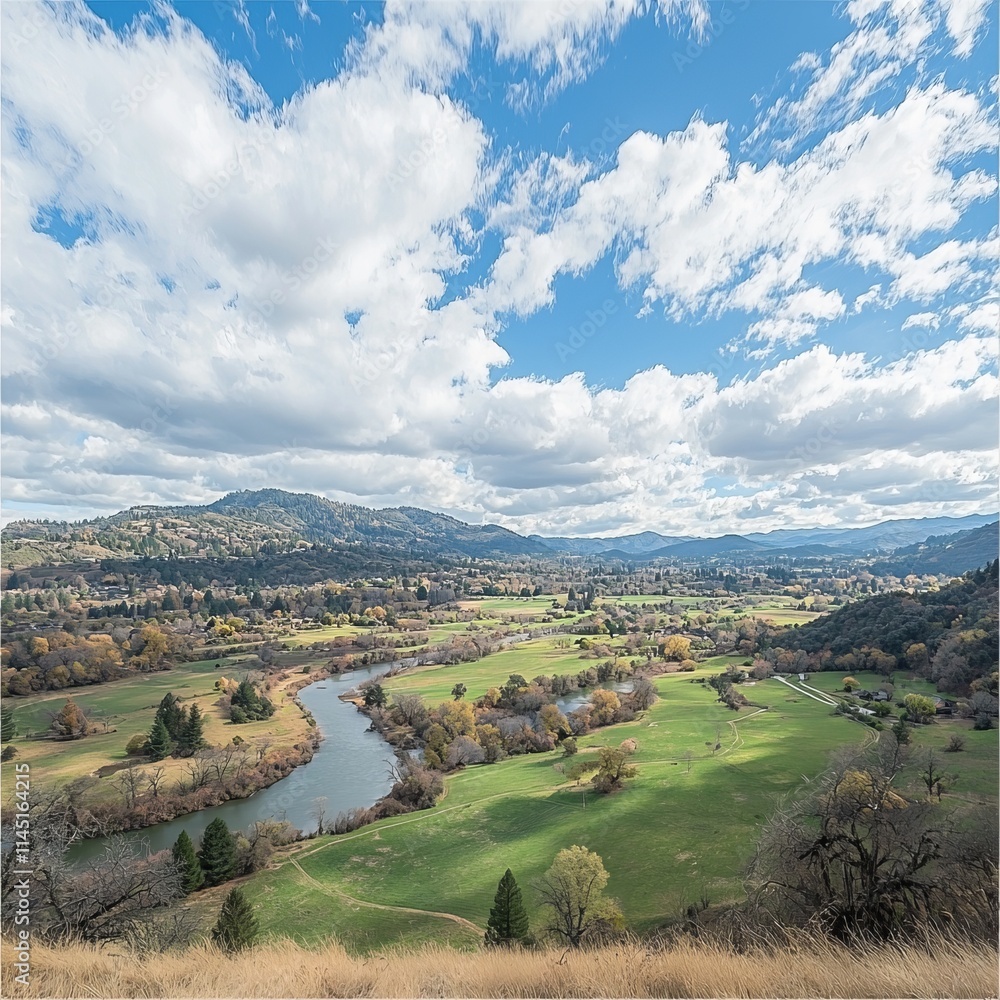 Fototapeta premium Scenic landscape featuring a river, fields, and mountains under a cloudy sky.