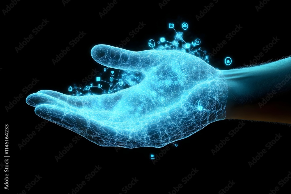 a hand, with glowing digital icons and blue lines forming a network, dark background a hand, with glowing digital icons and blue lines forming a network, dark background