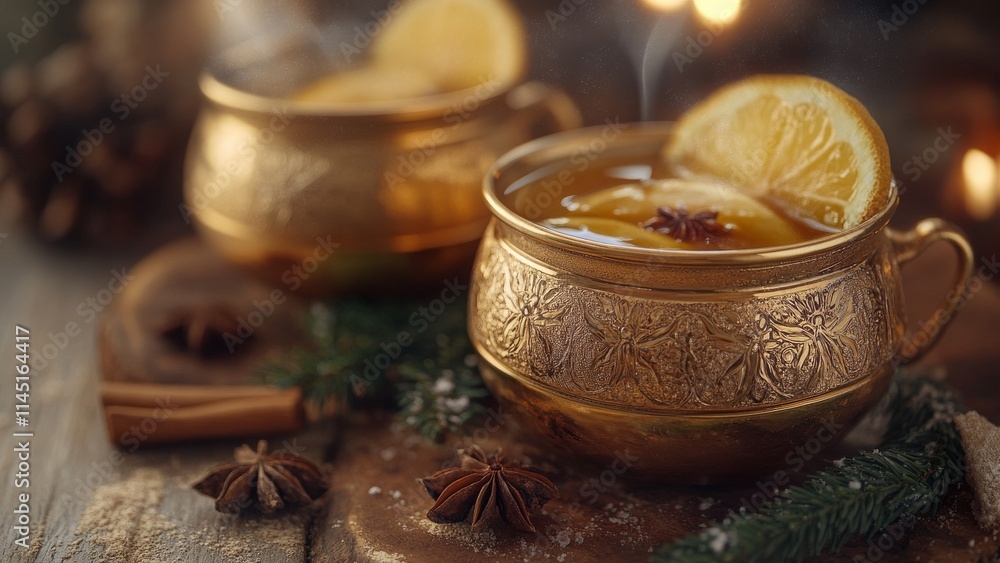 Warm drinks with spices and citrus served in ornate cups Warm drinks with spices and citrus served in ornate cups
