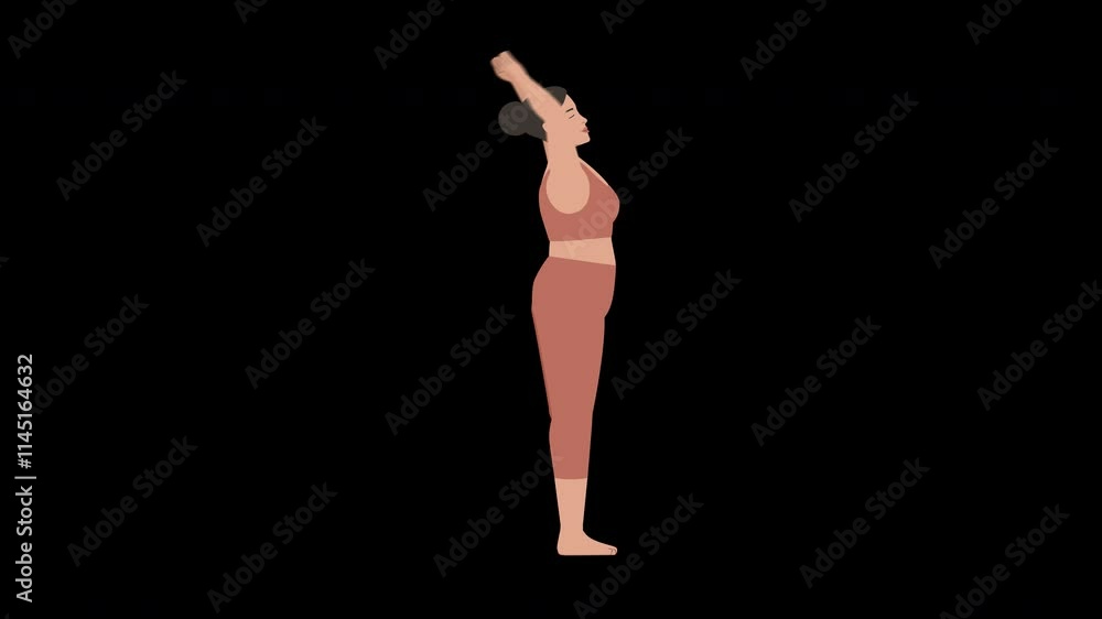 Animated illustartion of a body positive white woman doing asana sun salutation yoga complete poses Animated illustartion of a body positive white woman doing asana sun salutation yoga complete poses
