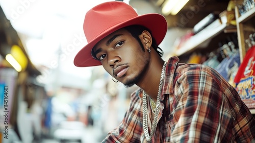 Young man wearing a vibrant red hat with a patterned shirt leaning casually in an open-air market surrounded by colorful stalls and natural light for a lively and dynamic setting