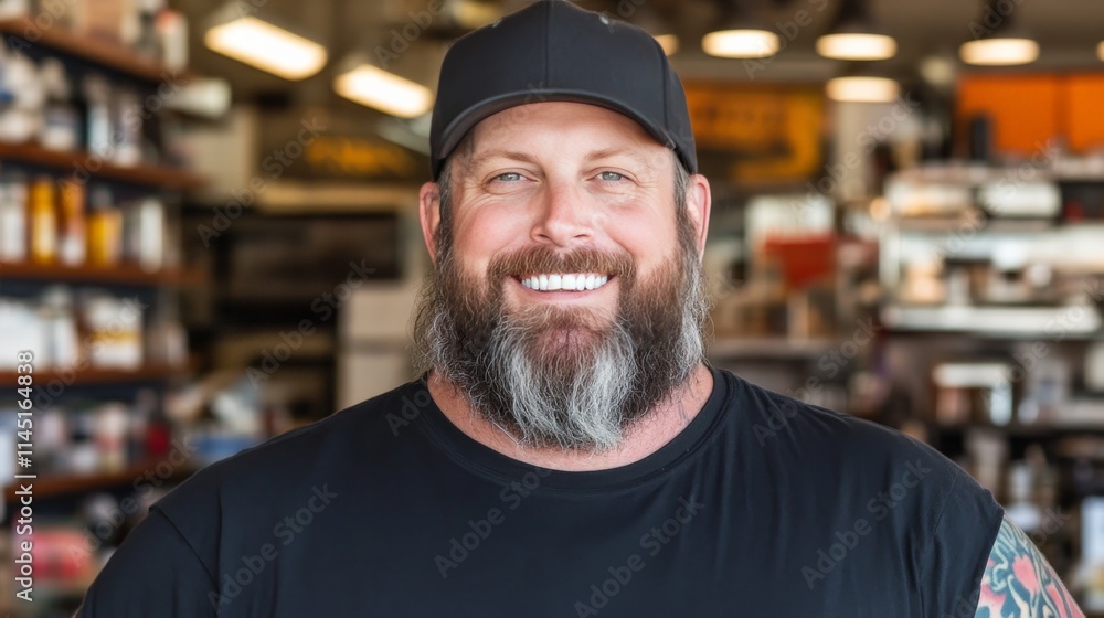 Strong bearded man in a black shirt with tattoos visible standing confidently inside a busy grocery store with shelves in the background Strong bearded man in a black shirt with tattoos visible standing confidently inside a busy grocery store with shelves in the background
