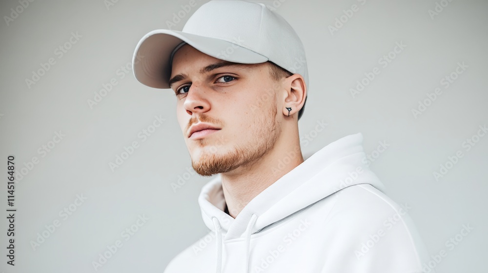 Young man in a white hoodie and gray cap posing with a serious expression against a minimalist background for urban fashion style imagery Young man in a white hoodie and gray cap posing with a serious expression against a minimalist background for urban fashion style imagery