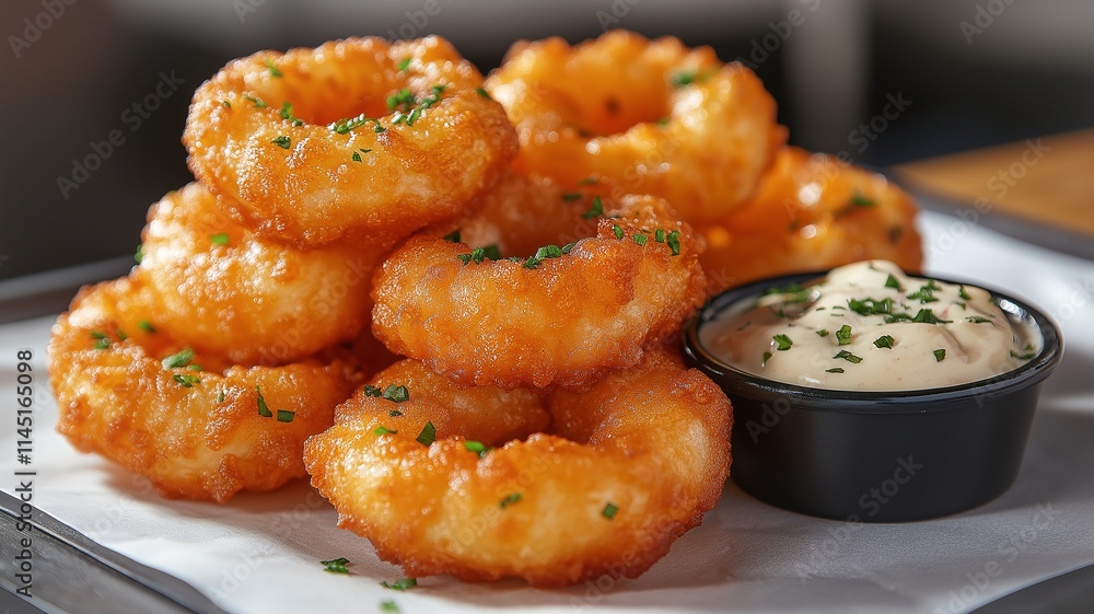 Crispy Onion Rings Served With Creamy Dip at a Casual Dining Setting. Generative AI Crispy Onion Rings Served With Creamy Dip at a Casual Dining Setting. Generative AI