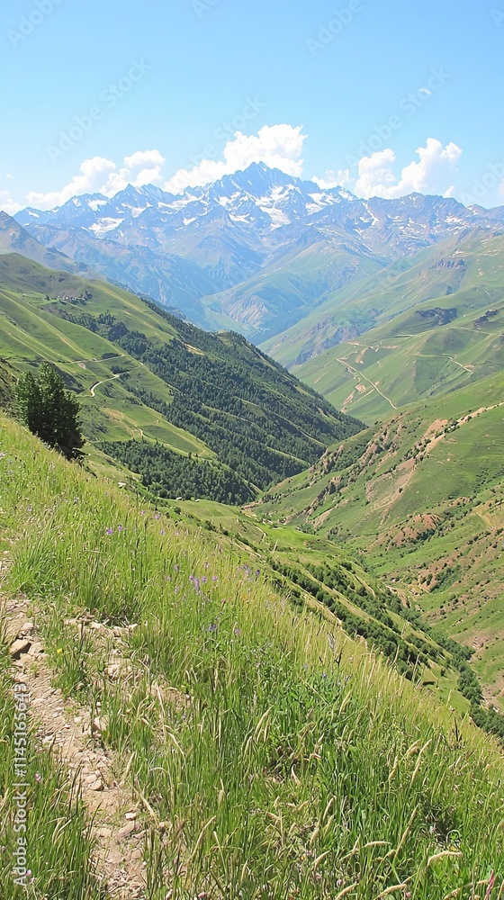 Scenic mountain landscape with lush green valleys and distant snow-capped peaks. Scenic mountain landscape with lush green valleys and distant snow-capped peaks.