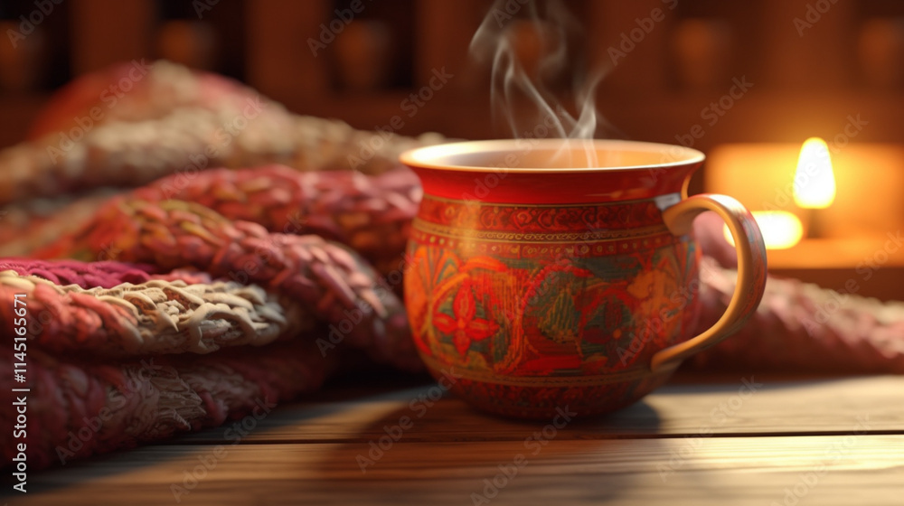 Tea mug covered with warm scarf on wooden surface, Tea mug covered with warm scarf on wooden surface,