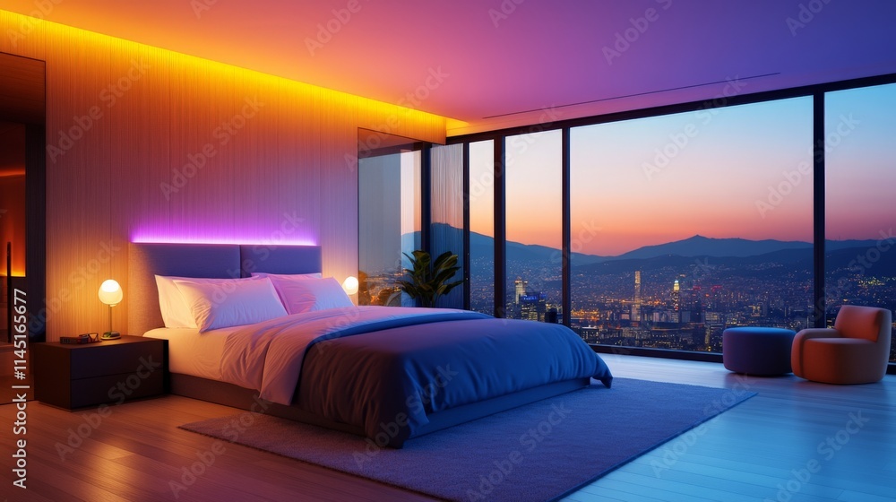 Luxury bedroom with panoramic city views featuring a glowing purple and orange neon light design emphasizing modern style and urban nightlife inspiration Luxury bedroom with panoramic city views featuring a glowing purple and orange neon light design emphasizing modern style and urban nightlife inspiration