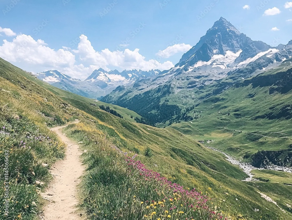 Fototapeta premium Scenic mountain landscape with a winding path and vibrant wildflowers.