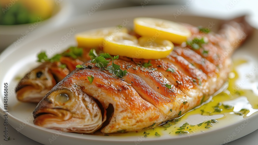 Freshly Grilled Fish With Lemon Slices and Herbs Served on a White Plate. Generative AI Freshly Grilled Fish With Lemon Slices and Herbs Served on a White Plate. Generative AI