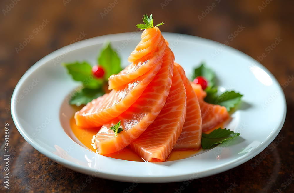 Sliced salted red fish. Served in the form of a Christmas tree on a white plate. Sliced salted red fish. Served in the form of a Christmas tree on a white plate.