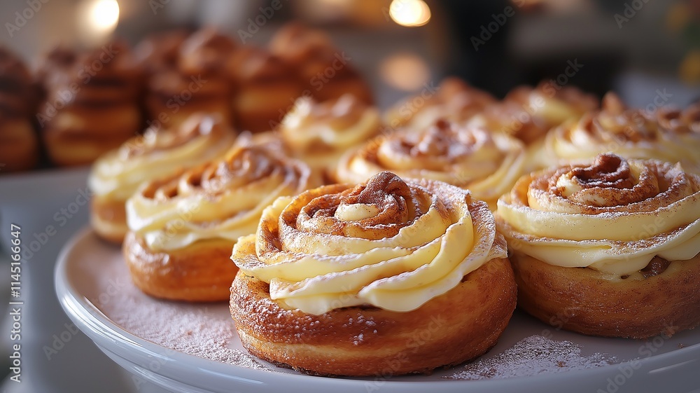 Delicious Cinnamon Rolls Topped With Creamy Frosting at a Cozy Bakery. Generative AI Delicious Cinnamon Rolls Topped With Creamy Frosting at a Cozy Bakery. Generative AI