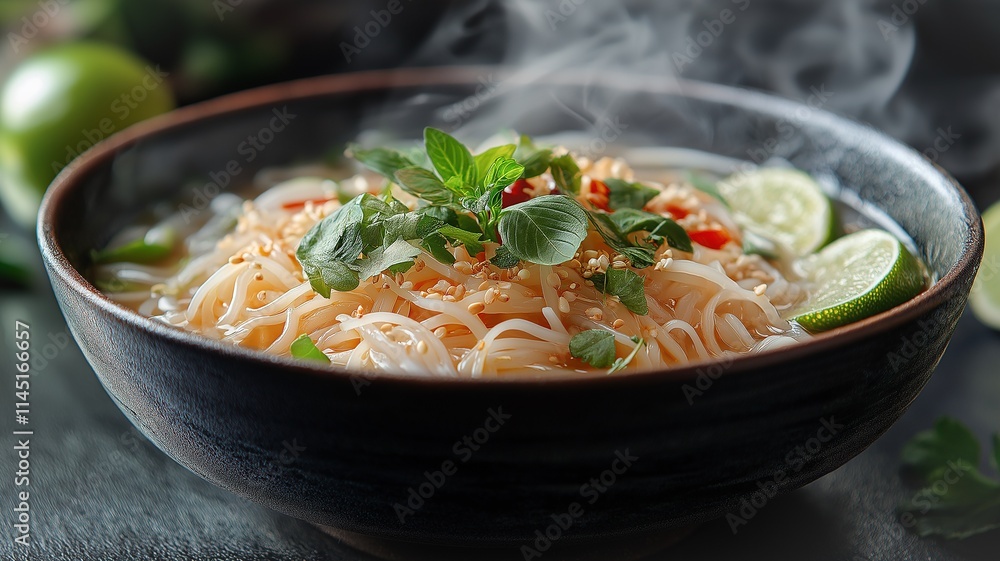 Warm Bowl of Noodles With Fresh Herbs and Lime on a Dark Table. Generative AI Warm Bowl of Noodles With Fresh Herbs and Lime on a Dark Table. Generative AI