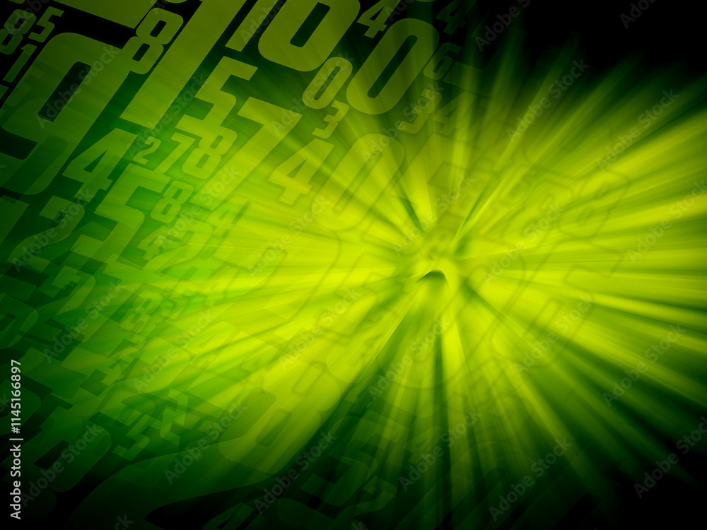 Numerous figures shot out from the beam of light on gradient green and black background, technology, decor, fashion, business, maths, copy space Numerous figures shot out from the beam of light on gradient green and black background, technology, decor, fashion, business, maths, copy space
