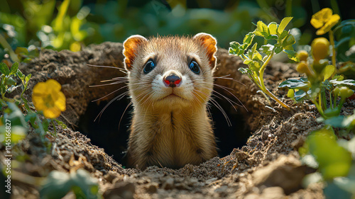 A small, curious ferret poking its head out of a burrow in a sunny garden, photo