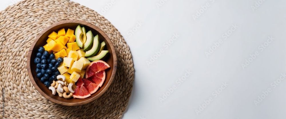 A vibrant bowl filled with assorted fruits including mango, avocado, blueberry, grapefruit and a handful of cashews sits on a woven mat on white background with space for text. Top view A vibrant bowl filled with assorted fruits including mango, avocado, blueberry, grapefruit and a handful of cashews sits on a woven mat on white background with space for text. Top view