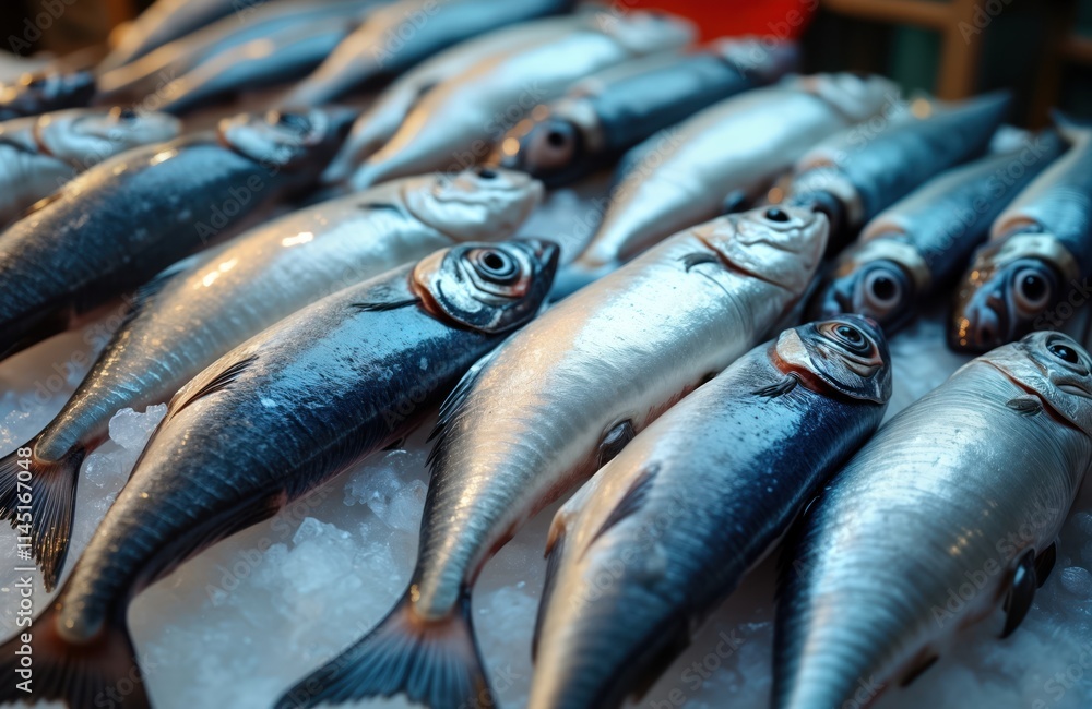 Obraz premium Fresh saltwater fish displayed on ice at market. Seafood is ready for sale. Fish look fresh and healthy. Food is for healthy meal. Market is busy with buyers.