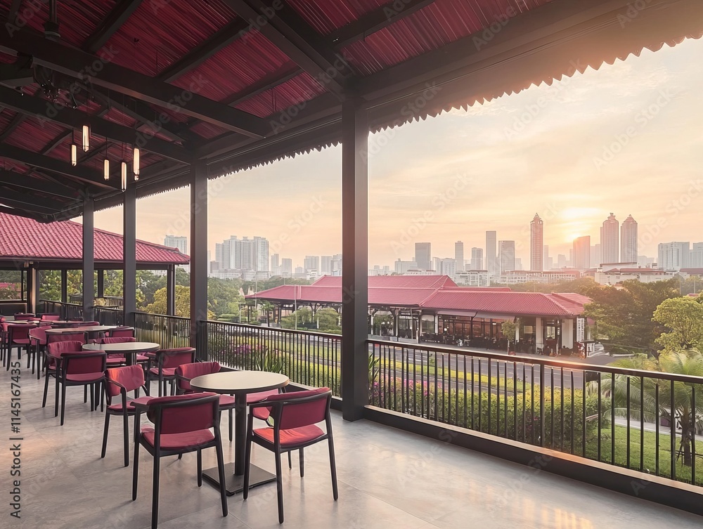 Scenic restaurant view overlooking a city skyline at sunset. Scenic restaurant view overlooking a city skyline at sunset.