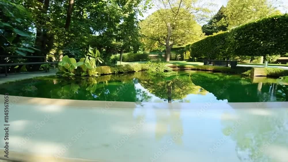 Winding stone steps leading down garden path, passing verdant greenery toward tranquil emerald water reflecting surrounding landscape Winding stone steps leading down garden path, passing verdant greenery toward tranquil emerald water reflecting surrounding landscape