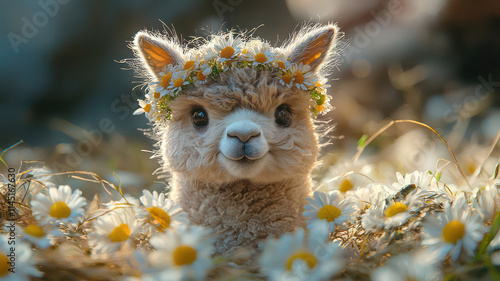 A tiny alpaca wearing a small flower crown in a field of daisies, photo