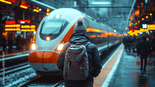 Traveler with Backpack at Snowy Train Station photo