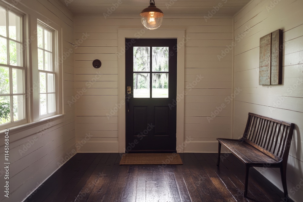 Charming Foyer with Elegant Lighting Over Dark Floors, Bench Beneath Shiplap Walls, and Stylish Door with Windows in Cozy Home Setting