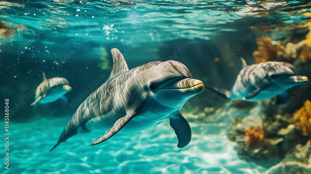 Obraz premium Dolphin animal swimming in blue pool water, playful aquarium resident showcasing marine mammal intelligence, cute fish aquatic creature in tropical setting, sea life.